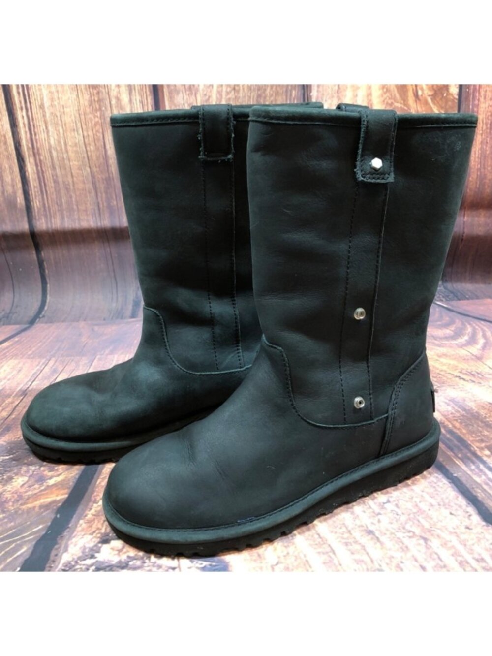 UGG Malindi Cuffable Cuff Black Leather Shearling Boots Womens 6 /37 (f8j)